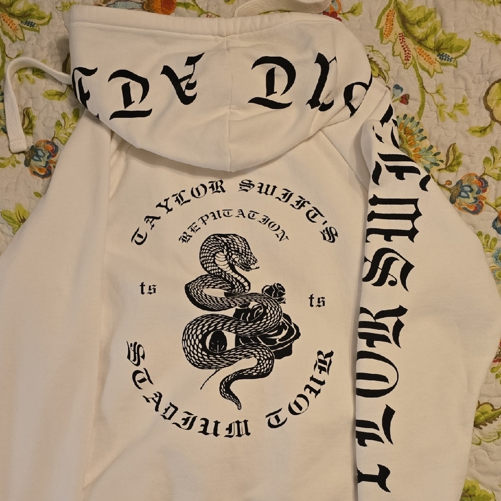 Taylor Swift White Hoodie With Black Lettering And Snake Design View 4